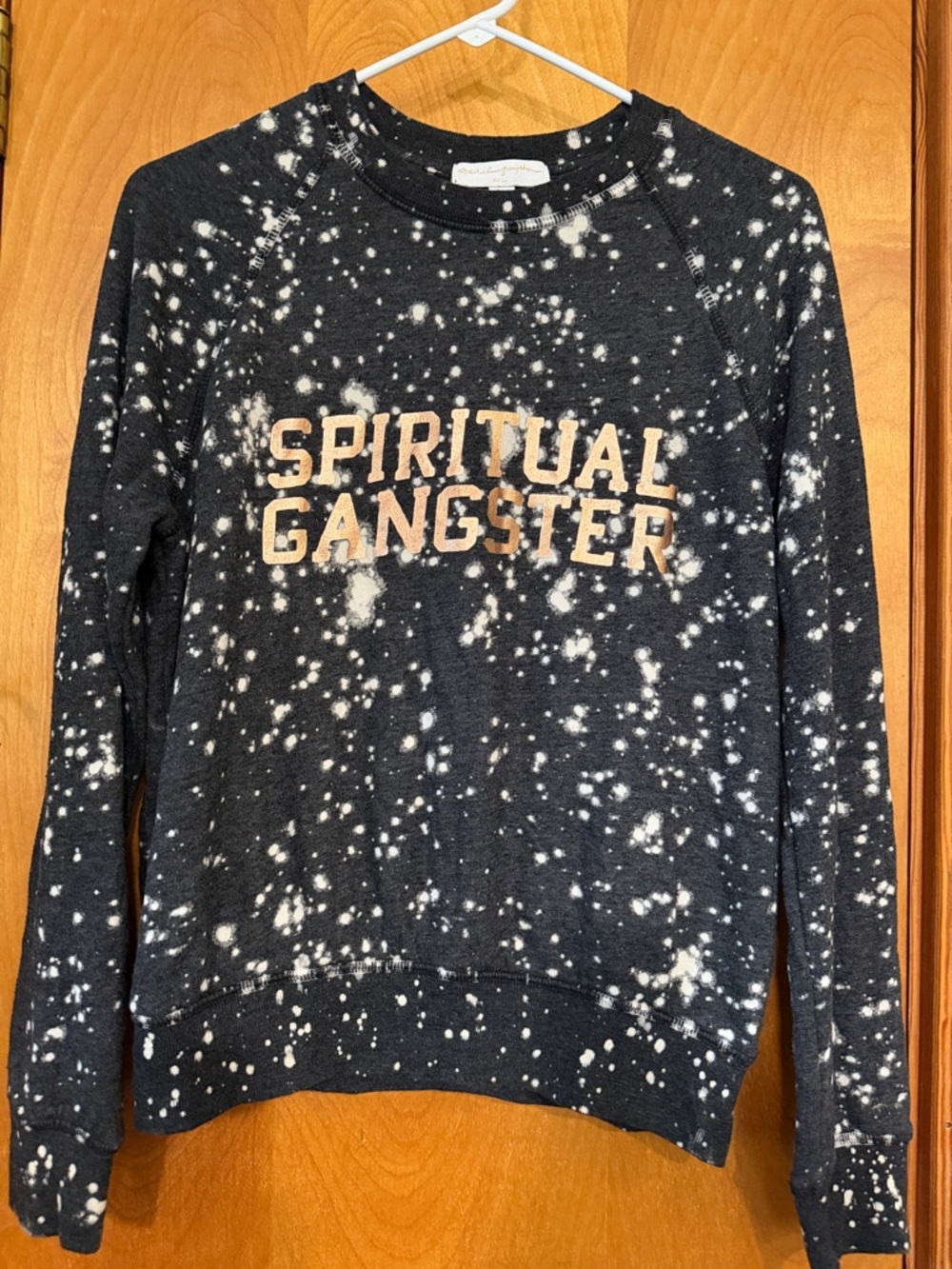 Spiritual Gangster Black Bleach-Splatter Crewneck with Rose Gold Logo